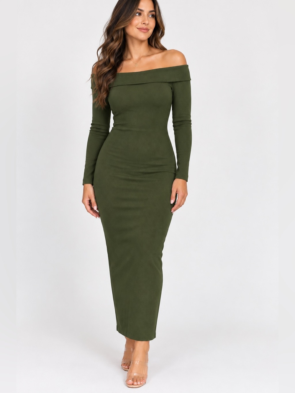Off-Shoulder Olive Green Bodycon Maxi Dress